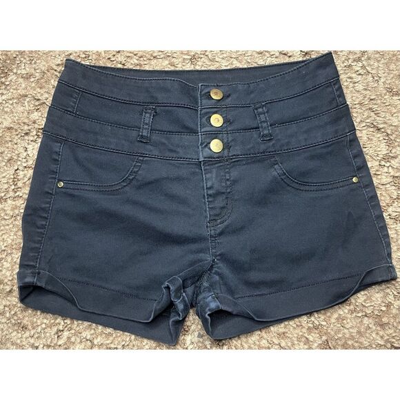 refuge Pants - Refuge Short Shorts‎ Womens 6 Black Gold Button Cotton Blend Faux Pockets